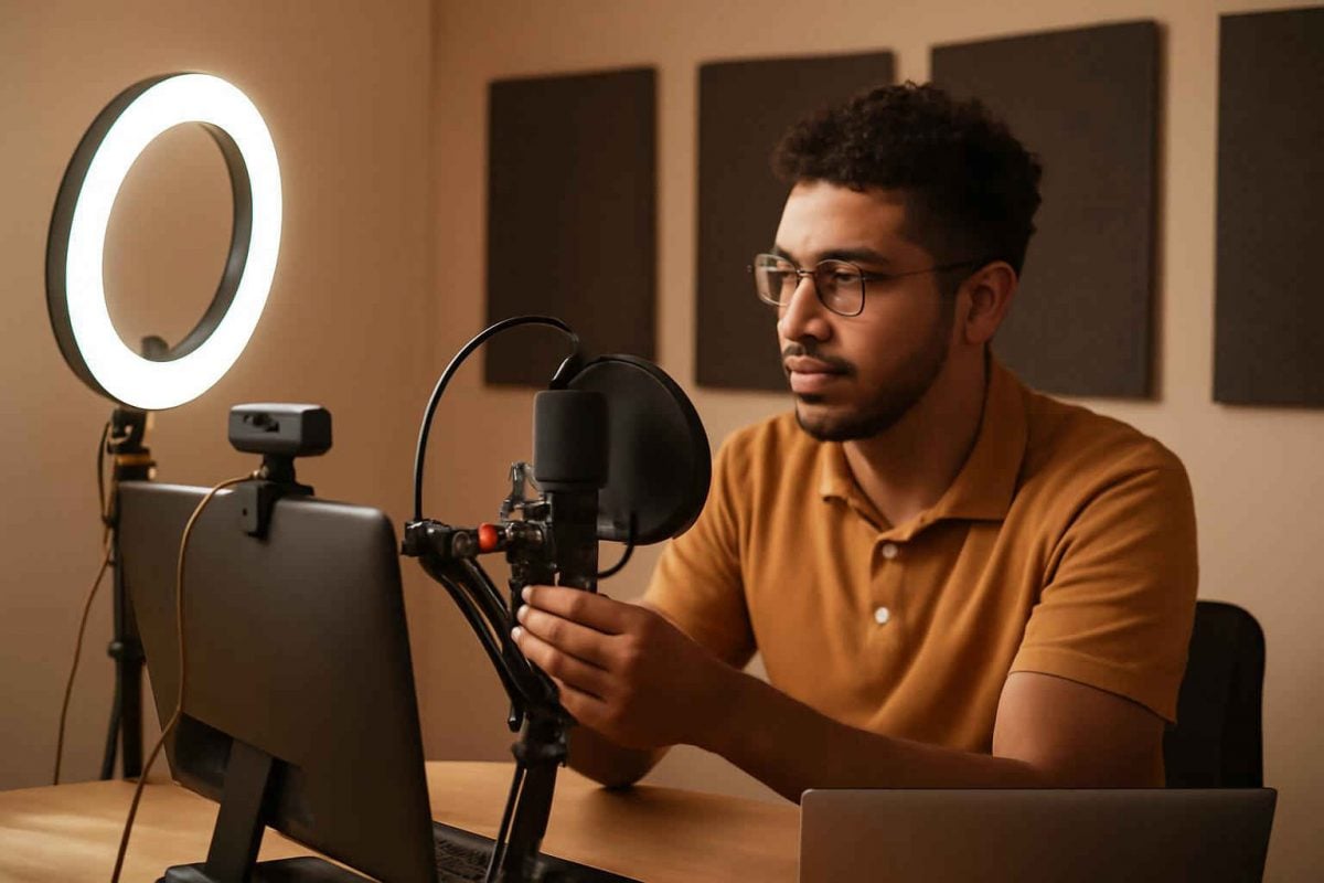 Como montar um mini estúdio caseiro para aulas online com microfone, ring light e webcam