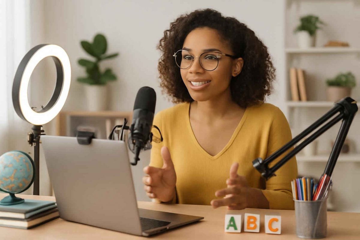 Kit de equipamentos para podcast educativo: microfone, ring light e mais