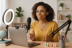 Kit de equipamentos para podcast educativo: microfone, ring light e mais