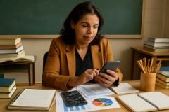 Professora utilizando aplicativo de gestão financeira no celular em sala de aula