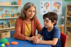 Psicopedagoga aplicando biofeedback em criança com sensor na testa em sala de aula inclusiva