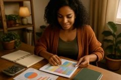 Professora organizando orçamento no método 50/30/20 com planner e calculadora