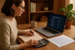 Mesa organizada de professora com planilha financeira, planner, calculadora e laptop mostrando lista de assinaturas