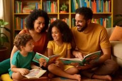 Família brasileira lendo livros bilíngues em uma aconchegante sala de leitura