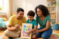 Quadro de rotina bilíngue infantil com etiquetas em inglês e português em um quarto de crianças