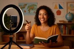 Professor usando um ring light para melhorar a iluminação em videoaulas