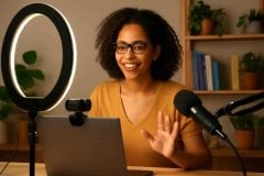 Professor usando webcam em estúdio caseiro para aulas online