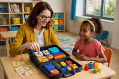 Psicopedagoga preparando um kit de jogos para estimular funções executivas em sala inclusiva