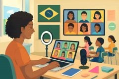 Professor utilizando Flipgrid em aula híbrida com alunos participando por vídeo em ambiente digital contemporâneo