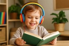 Criança sorridente usando fones de ouvido coloridos enquanto ouve um audiolivro em inglês em casa