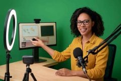 Professor usando chroma key e fundos virtuais em videoaula