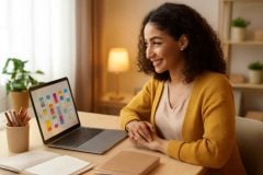 Professora brasileira organizando o cronograma de estudos no Google Calendar