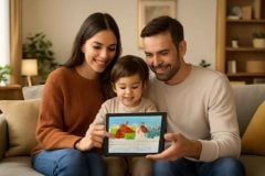 Família lendo em um leitor digital bilíngue com criança