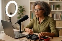 Professor em home studio ajustando mixer e interface de áudio para videoaulas