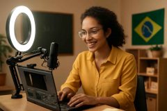 Professora usando OBS Studio para gravar uma videoaula em home studio com microfone e ring light