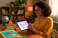 Professora utilizando o OneNote em tablet para organizar estudos de concursos de pedagogia