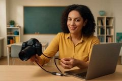 Educador conectando câmera profissional ao laptop com placa de captura HDMI para videoaulas
