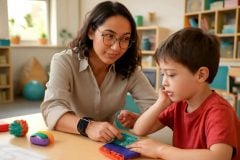 Educadora usando smartwatch para monitorar foco de crianças com TDAH