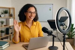 Professor usando teleprompter em videoaula com ring light e microfone em ambiente moderno