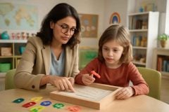 Psicopedagoga aplicando atividade multisensorial com criança com dislexia