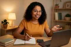 Professora dando tutoria online em escritório doméstico