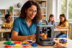 Psicopedagoga usando impressora 3D para criar materiais sensoriais coloridos em sala inclusiva