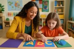 Psicopedagoga usando materiais sensoriais para estimular escrita de criança com dislexia