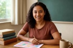 Professora rodeada de livros e apostilas de pedagogia em mesa de estudos organizada