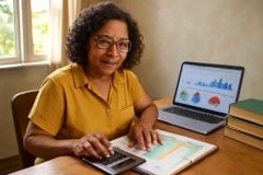 Professor planejando finanças com planner e calculadora para aposentadoria antecipada