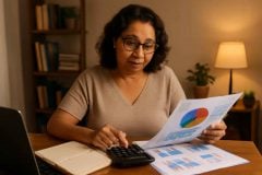 Professora analisando gráficos de finanças pessoais com planner e calculadora