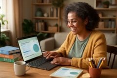 Professor analisando planilha de controle financeiro no Google Sheets em seu home office