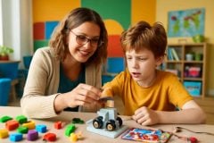 Psicopedagoga orientando criança com TDAH e dislexia em atividade de robótica educativa