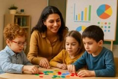 Educadora feminina brasileira aplicando técnicas de gamificação com crianças neurodiversas em sala de aula inclusiva