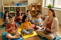 Crianças praticando respiração diafragmática em sala de aula inclusiva