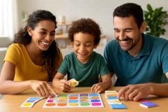 Família brincando com jogo de tabuleiro bilíngue colorido em sala de estar