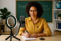 Professora usando smartphone como webcam em home office com ring light e microfone de lapela
