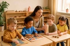 Sala de aula inclusiva com materiais Montessori e educadora auxiliando crianças com TDAH, dislexia e TEA
