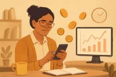 Professor usando um aplicativo de microinvestimento no celular para organizar finanças