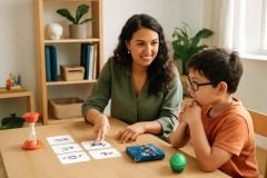 Psicopedagoga utilizando recursos visuais e sensoriais para trabalhar autorregulação na aprendizagem com uma criança.