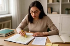 Professora estudando a BNCC para concursos de pedagogia com anotações e legislação educacional