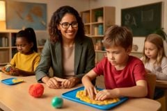 Mulher psicopedagoga em sala de aula inclusiva com brinquedos fidget sensoriais e crianças focadas