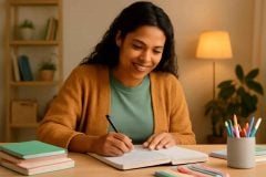 Professora anotando no bullet journal em uma mesa organizada