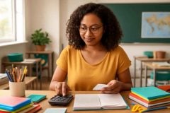 Professor organizando finanças com planner e calculadora para volta às aulas
