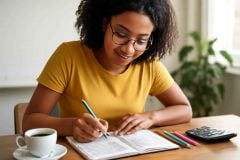 Professor usando o Método Kakeibo em um planner financeiro organizado