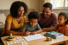 Família organizando um plano semanal de inglês para criança em casa com livros bilíngues e atividades lúdicas