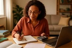 Professora organizando renda extra e planejamento financeiro em casa