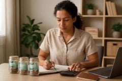 Professor organizando uma reserva de manutenção com planner, calculadora e despesas previsíveis em casa.