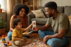 Família criando uma rotina bilíngue em casa com livros, brinquedos e atividades em inglês para criança