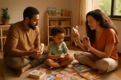 Família escolhendo brinquedos bilíngues infantis em um cantinho de aprendizagem em casa