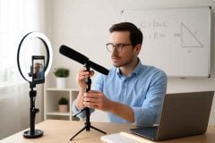 Professor ajustando um microfone shotgun em um estúdio de videoaulas